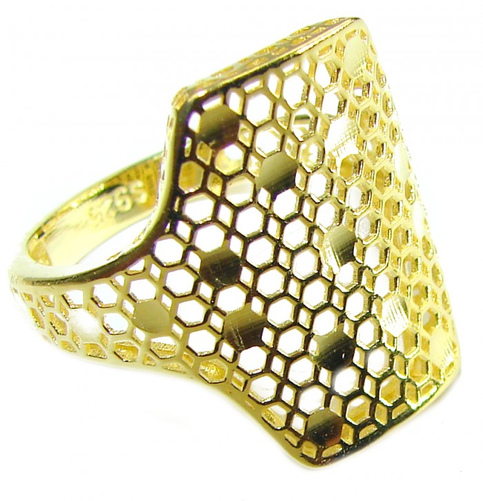 14K Gold over .925 Sterling Silver handcrafted ring size 8 - Side view of 14K gold over sterling silver ring with hexagonal design.