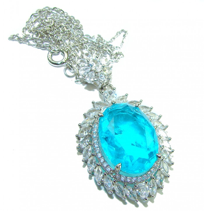 A Wild Ocean genuine 18.4 carat Paraiba Tourmaline .925 Sterling Silver handmade Statement necklace - Close-up of necklace with 18.4 carat Paraiba Tourmaline in silver setting