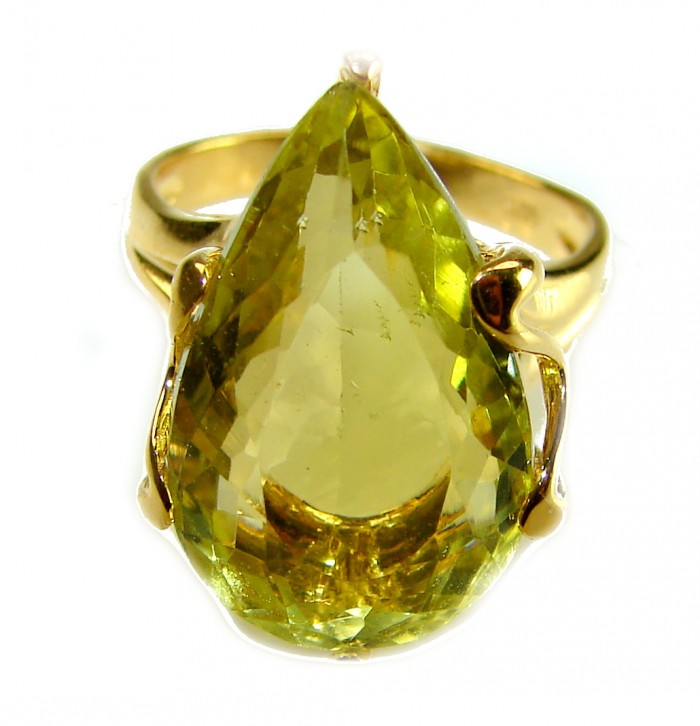 8.8 carat Genuine Lemon Quartz 14K Gold over .925 Sterling Silver handcrafted ring size 6 - Lemon quartz ring in 14K gold over sterling, front view