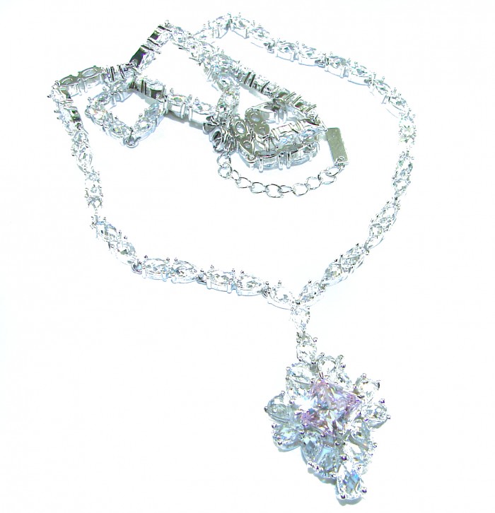 Isabella - Light Pastel 5.9 carat Kunzite .925 Sterling Silver handcrafted Statement Necklace - Close-up of Isabella necklace with kunzite pendant on white background
