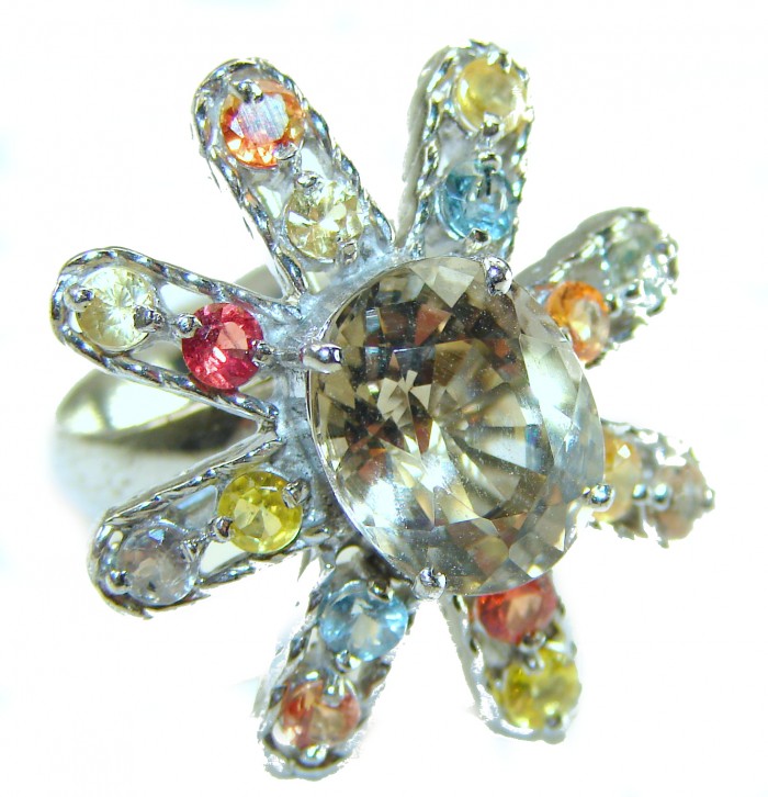 Celestial peace 15.5 carat Champagne Topaz MULTICOLOR SAPPHIRE .925 Sterling Silver HUGE Ring size 8 - Close-up of celestial peace ring with champagne topaz and multicolor sapphires.