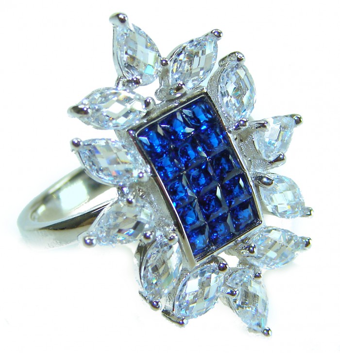 Art Deco - Precious Sapphire - authentic 22.2 carat Sapphire .925 Sterling Silver Eternity Ring size 7 1/2 - Side view of Art Deco ring with 22.2 carat sapphire and clear stones