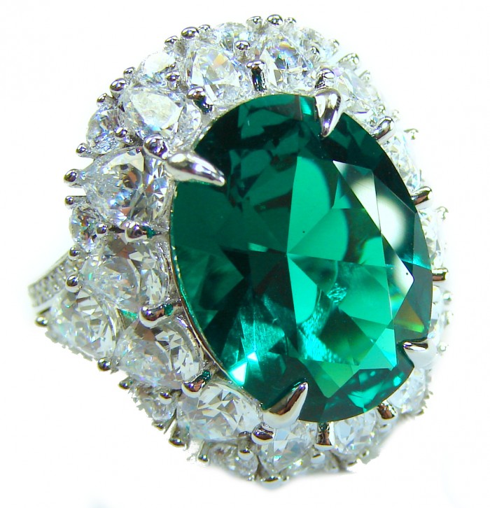 Green Royalty Natural 15.6 carat Chrome Diopside .925 Sterling Silver ring size 5 - Close-up of green 15.6 carat chrome diopside ring with diamond halo.