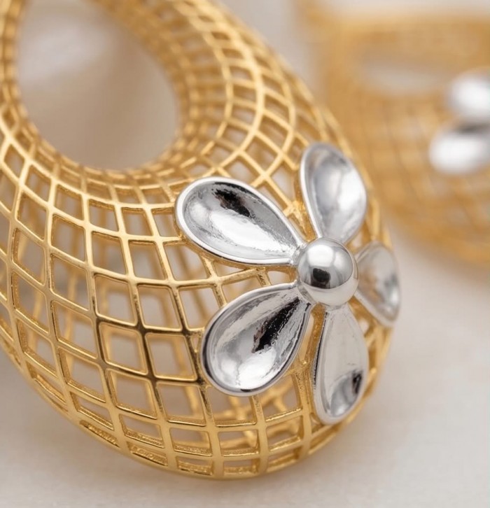 Dubai Style - Silver Flowers - .925 Sterling Silver dipped in 22K Gold handmade Large Earrings - Close-up of gold mesh Dubai Style earring with silver flower detail.