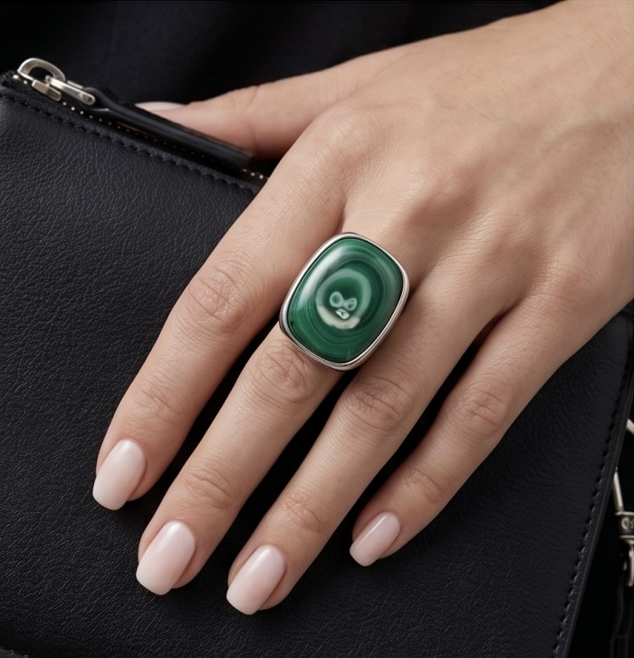 Green River 33.2 CARAT genuine Malachite from Utah .925 Sterling Silver handcrafted ring size 8 adjustable - Green malachite ring worn on hand with black purse in background.