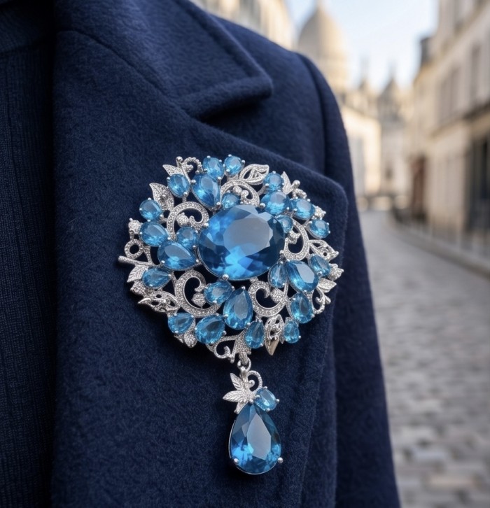 An exuberantly Large 70.2 grams Vintage style Swiss Blue Topaz .925 Sterling Silver DIPPED IN RHODIUM handmade LARGE Pendant - Brooch - Close-up of large blue gemstone brooch on a dark coat