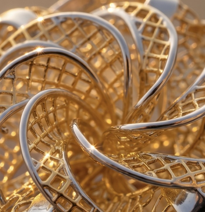 Dubai Style - .925 Sterling Silver dipped in 22K Gold handmade Large ring size 7 1/2 - Close-up of gold-dipped silver jewelry with intricate lattice design.