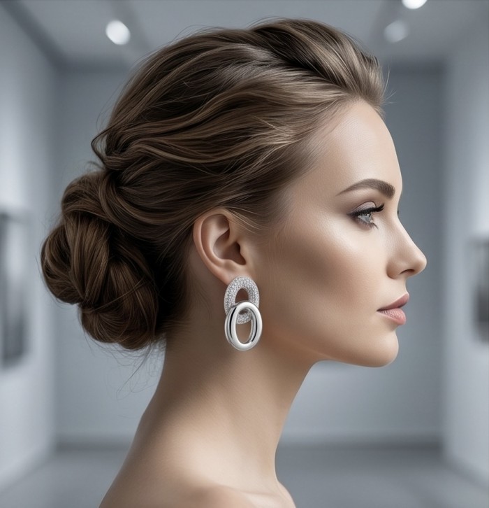 TIFFANY - LUXURIUS - Natural pave White Topaz rhodium over .925 Sterling Silver handmade earrings - Side view of earrings worn, focusing on design and white topaz stones.