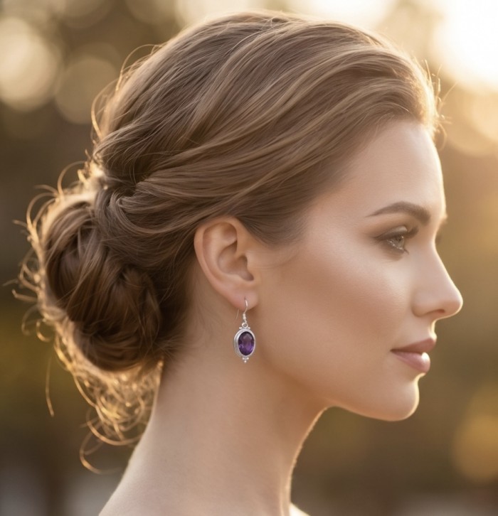Lavender Beauty authentic 10.2 carat Amethyst .925 Sterling Silver handcrafted earrings - Side view of Lavender Beauty amethyst earrings worn on ear.