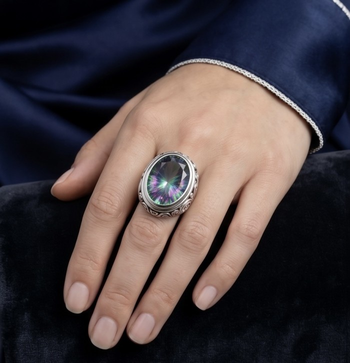 Big Dreamer 29.8 carat Mystic Topaz .925 Sterling Silver handcrafted Large ring size 8 - Mystic Topaz ring worn on hand, showcasing stone and silver band.