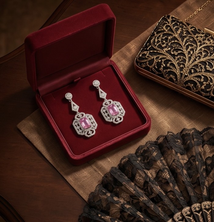 Isabella - Rare 5.9 carat Kunzite .925 Sterling Silver handcrafted Statement earrings - Isabella Kunzite earrings in box, top view with ornate clutch and fan