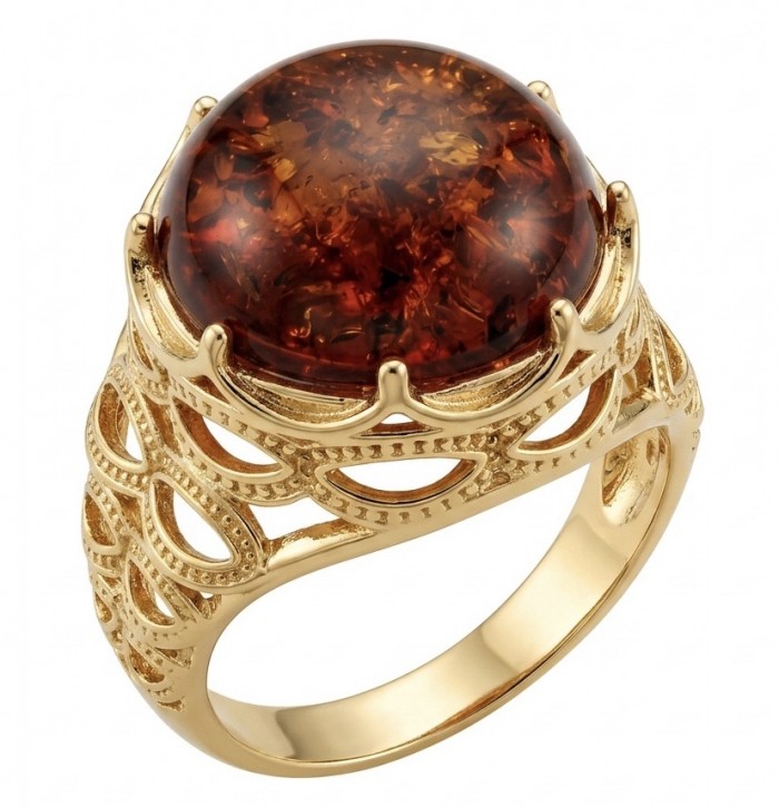 Queen of Fire best quality 6.4 carat BALTIC AMBER18K Gold over .925 Sterling Silver handmade ring 8 - Gold ring with amber stone, side view showing detailed design.