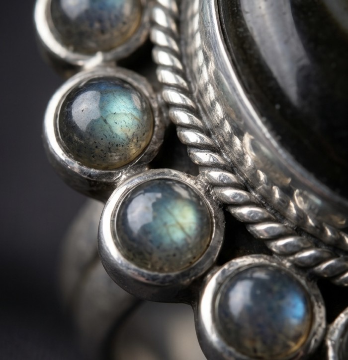 Shimmering Natural Labradorite .925 Sterling Silver handcrafted Large ring size 9 - Close-up of labradorite stones in sterling silver setting.