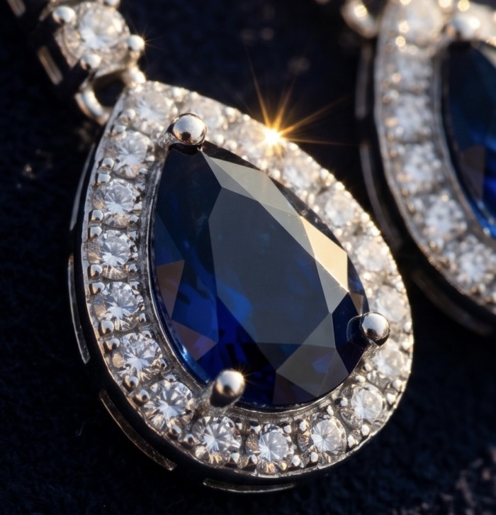 Blue Royalty 9.7 carat Sapphire .925 Sterling Silver handcrafted Statement earrings - Close-up of Blue Royalty sapphire with diamond halo on sterling silver.