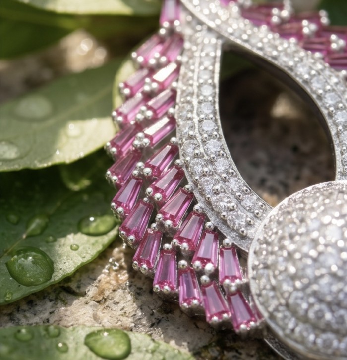 Antonina - 6.5 carat Ruby .925 Sterling Silver dipped in rhodium handcrafted incredible Pendant - Close-up of ruby and silver jewelry with diamond detailing.