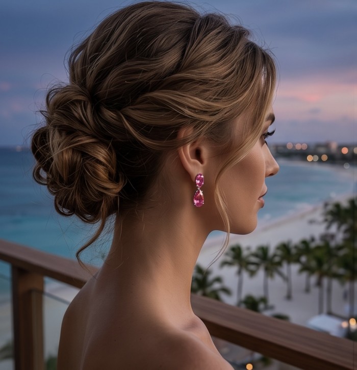 Large - Tiffany - authentic oval cut 49.7 carat Pink Sapphire .925 Sterling Silver handcrafted Earrings - Side view of woman wearing large pink sapphire earrings.