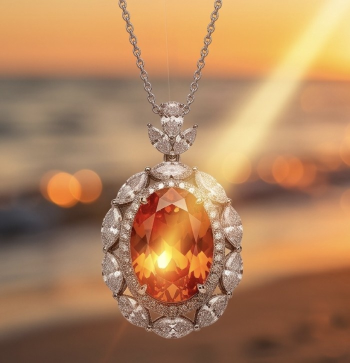 Rare Luxurious 19.9 carat natural Natural Orange Sapphire from Ceylon .925 Sterling Silver .925 Sterling Silver Statement Necklace - Close-up of a luxurious orange sapphire pendant with diamond accents.
