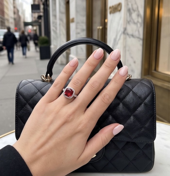 Scarlett princess cut 4.7 ctw Ruby .925 Sterling Silver handcrafted Statement Ring size 6 - Ruby ring worn on hand, black quilted purse in background