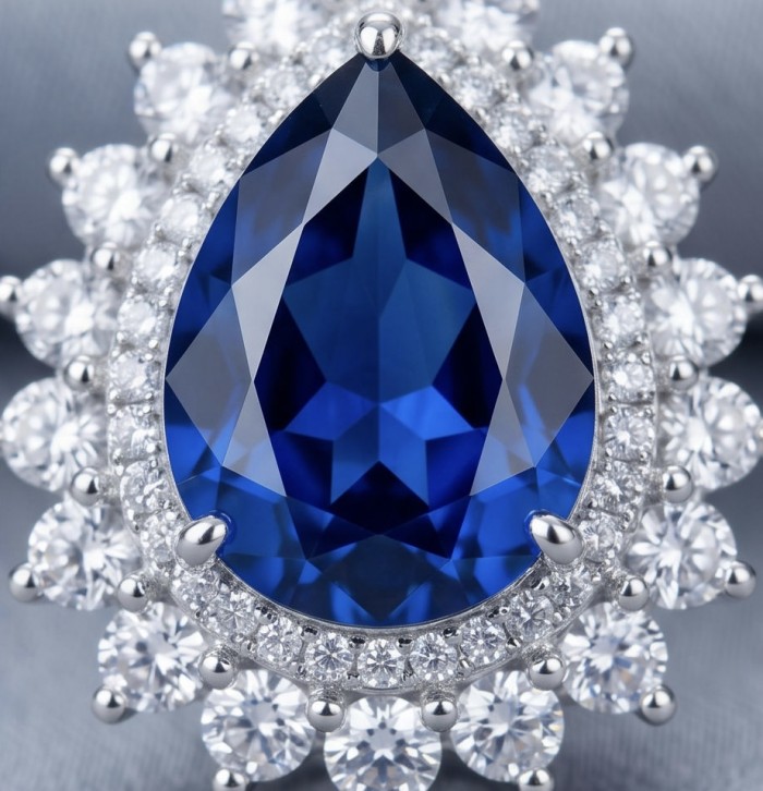 Authentic 14.5 carat Tanzanite rhodium over .925 Sterling Silver handmade necklace - Close-up of 14.5 carat Tanzanite ring with diamond halo.