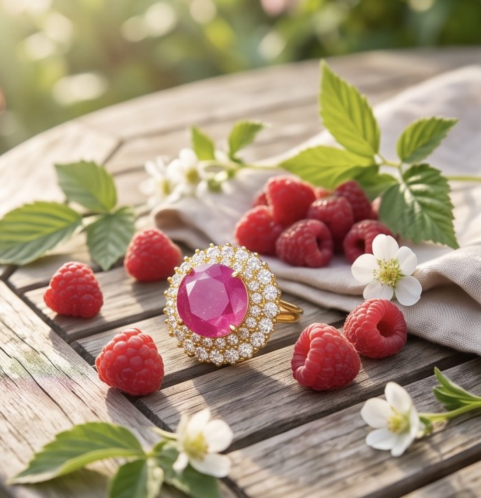 Scarlett 9.7 ctw Mozambique Ruby .925 Sterling Silver dipped in 22K Gold handcrafted Statement Ring size 8 - Ruby ring close-up with raspberries and flowers on a wooden table.