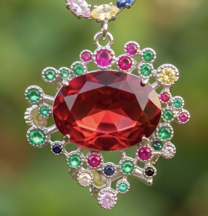DEVOTION - 27.5 carat Pink Topaz RHODIUM over .925 Silver handcrafted Statement necklace - Close-up of DEVOTION pendant with 27.5 carat pink topaz and colorful gems.