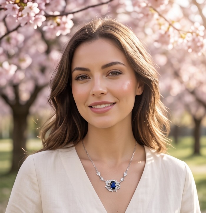 Vintage style - Giovanna - oval pear cut 6.8 carat Sapphire .925 Sterling Silver handcrafted Statement Necklace - Woman wearing vintage-style sapphire necklace, front view.