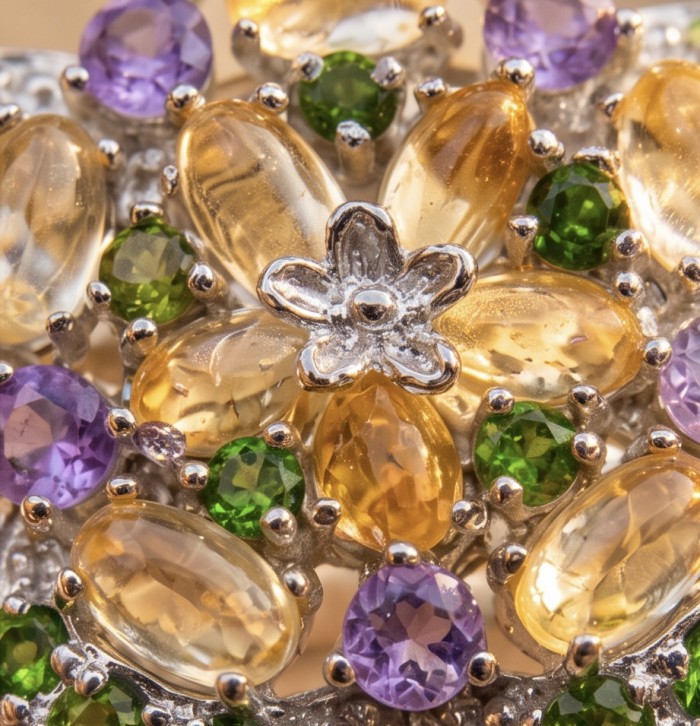 Giovanna - Authentic 14.9 carat Brazilian Citrine .925 Sterling Silver dipped in rhodium brilliantly handcrafted Ring size 8 3/4 - Close-up of multicolored gemstone arrangement on sterling silver jewelry.