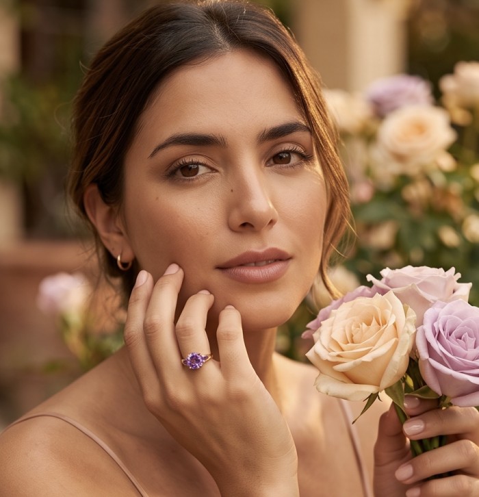 3.8 carat Amethyst 18K Gold over .925 Sterling Silver Handcrafted Ring size 8 - Woman wearing amethyst ring, holding pastel roses, close-up view.