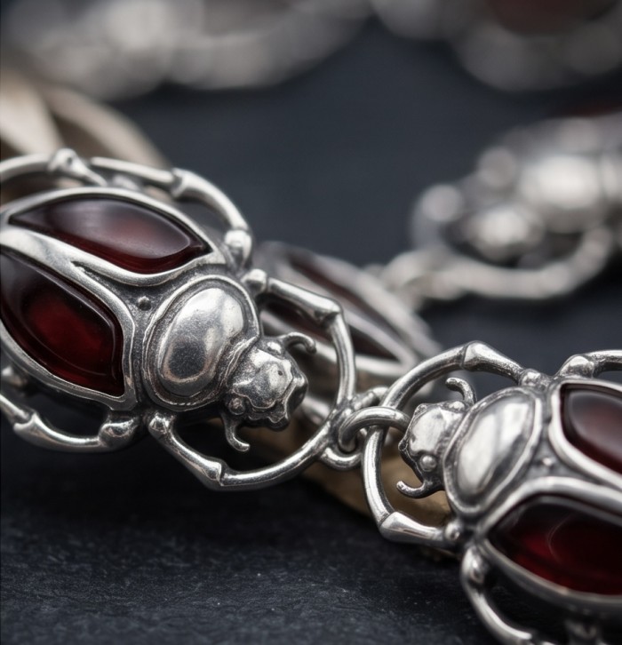 Unique creation - The Egyptian Scarab Beetles natural Baltic Amber .925 Sterling Silver entirely handcrafted necklace - Close-up of Egyptian Scarab Beetle jewelry with red Baltic accents.