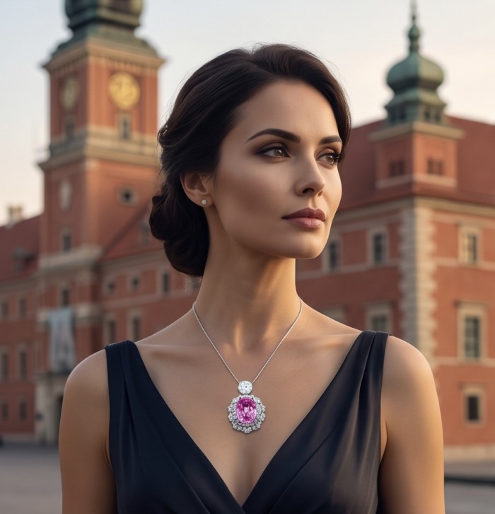 Tiffany Incredible oval cut 20.4 carat Pink Sapphire .925 Sterling Silver handcrafted pendant - Woman wearing Tiffany pink sapphire necklace, frontal view of pendant.