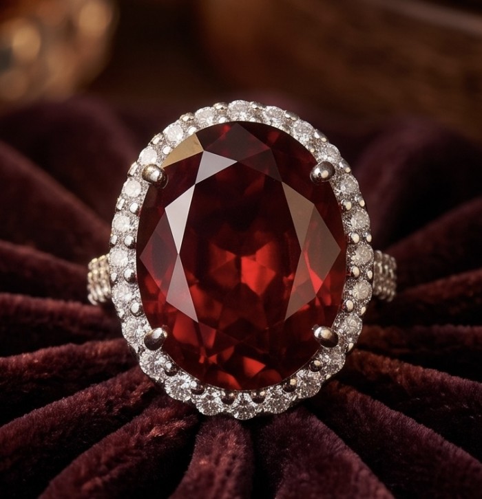 Red Empress 25.7 ctw oval cut Mozambique Ruby .925 Sterling Silver handcrafted Statement Ring size 7 1/4 - Close-up of Red Empress 25.7 ctw oval cut Mozambique Ruby ring