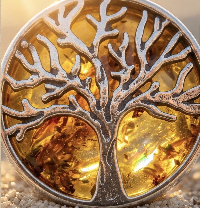 Family Tree Authentic Baltic Amber .925 Sterling Silver handcrafted ring s. 6 3/4 - Close-up of Family Tree Baltic Amber in .925 Sterling Silver