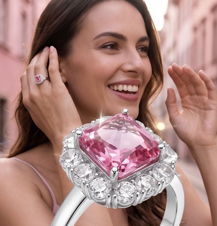 Tiffany - authentic princes cut 14.5 carat Pink Sapphire .925 Sterling Silver Handcrafted Statement Ring size 7 1/2 - Close-up of pink sapphire ring, worn on hand of smiling woman.