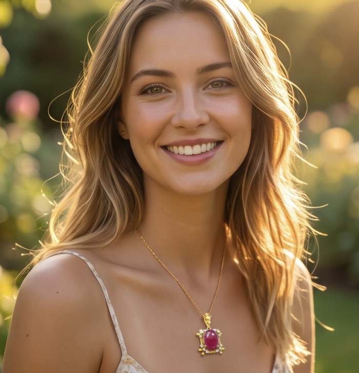 Rare finding - Deluxe 27.2 carat authentic Mozambique Ruby 22K Gold over .925 Sterling Silver handmade Statement Pendant - Woman wearing 27.2 carat Mozambique ruby pendant in garden setting.