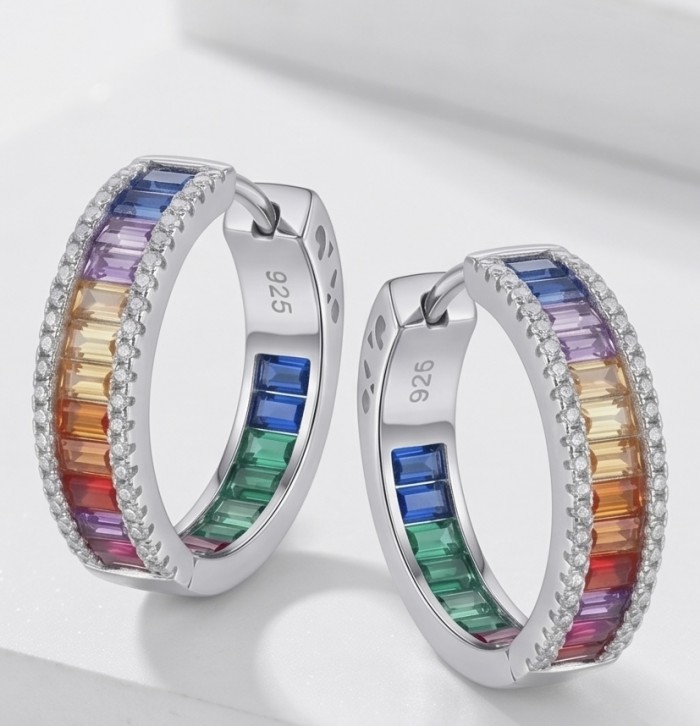 Inside- Out Rainbow Authentic 12.9 carat Multicolor Topaz .925 Sterling Silver brilliantly handcrafted HOOP earrings - Side view of multicolor topaz hoop earrings with silver detailing