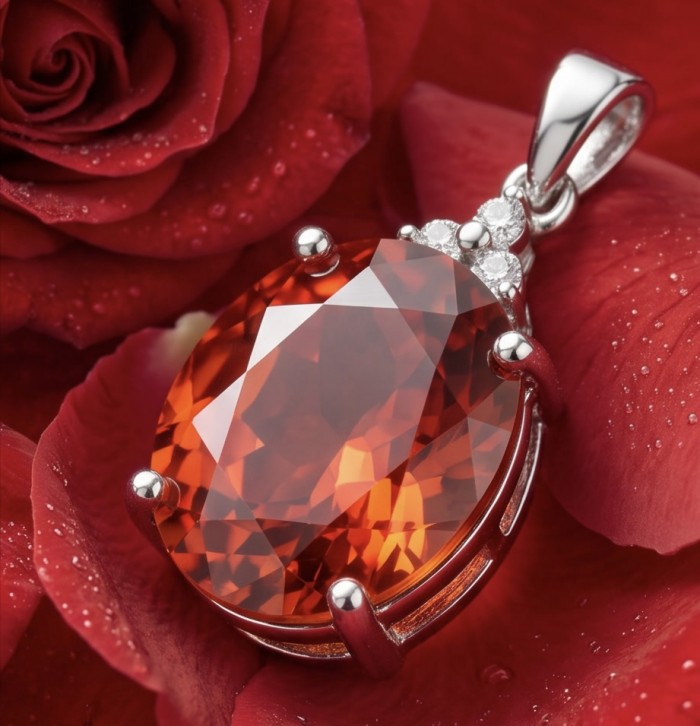 Genuine 10.8 carat Red Topaz rhodium over .925 Sterling Silver handcrafted Statement Pendant - Close-up of red topaz pendant with roses in the background.