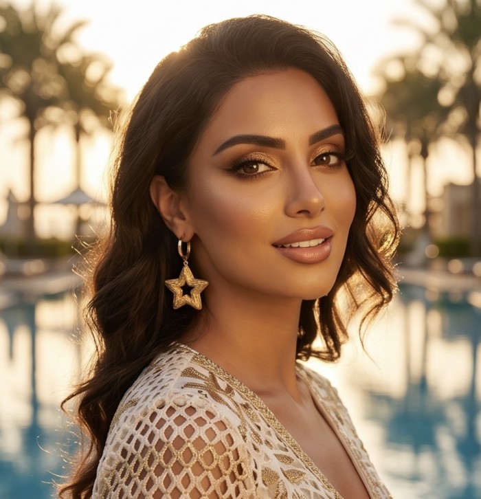 Golden Stars - Dubai Style - .925 Sterling Silver dipped in 22K Gold handmade Earrings - Woman wearing Golden Stars earrings, side view, sunset background.