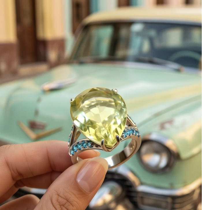 Vivien - Natural 19. 2 carat Citrine .925 Sterling Silver dipped rhodium handcrafted Statement ring; s. 7 1/4 - Stone close-up of Vivien Citrine ring with vintage car backdrop