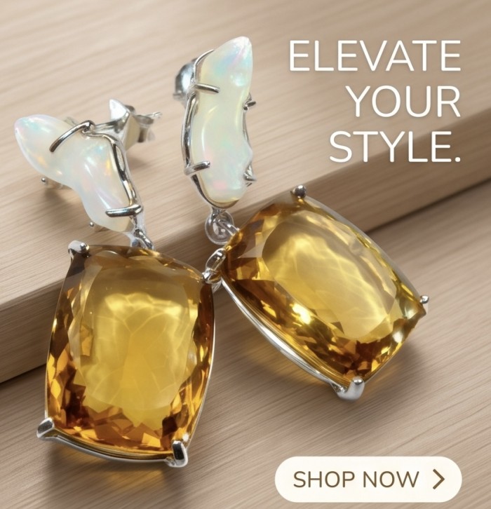 Esperanza - Luxurious 22.2 Lemon Quartz rough real Australian Opal rhodium over .925 Sterling Silver handmade Earrings - Close-up of luxurious lemon quartz and opal earrings on wooden surface