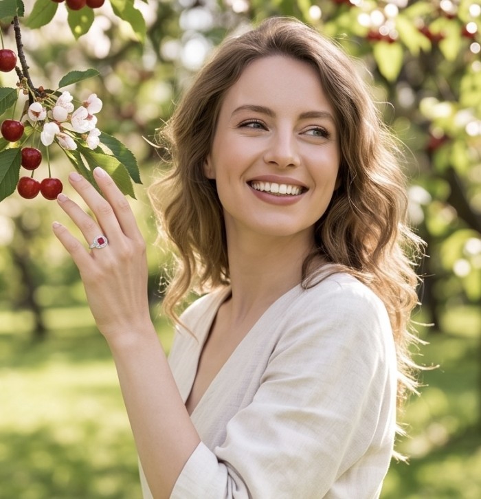 Art Deco 0.7 ctw Mozambique Ruby .925 Sterling Silver handcrafted Statement Ring size 7 1/4 - Ruby ring worn on hand, smiling person in outdoor setting with cherry blossoms.