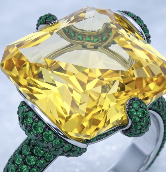 Solid 14.8 carat asscher Yellow Sapphire 4.2 carat pave Emerald .925 Sterling Silver handcrafted ring size 8 - Close-up of 14.8 carat asscher yellow sapphire with emerald pavé setting.