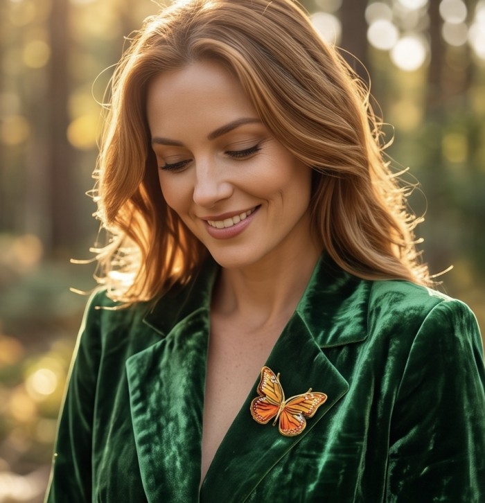 Golden Butterfly Authentic carved Baltic Amber 18K Gold over .925 Sterling Silver handcrafted pendant - Butterfly brooch worn on green fabric, showcasing amber detail.