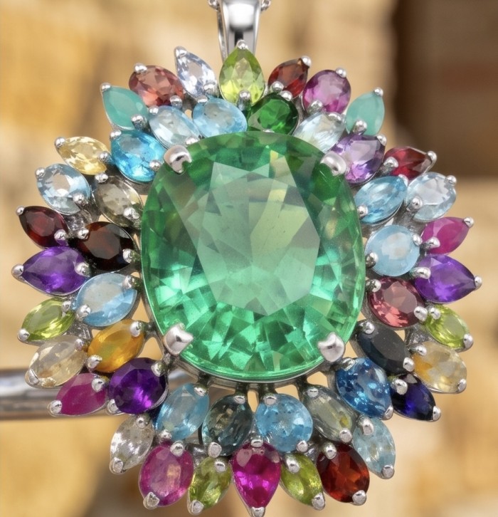 Blooming Spring 38.9 carat authentic Himalayan Peridot rhodium over .925 Sterling Silver handmade Pendant - Brooch - Close-up of Blooming Spring Peridot pendant with colorful gems.