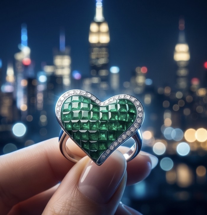 Heart Authentic MYSTIC SETTING 10.2 carat Colombian Emerald .925 Sterling Silver handcrafted Ring size 8 - Close-up of heart-shaped emerald ring with city skyline background