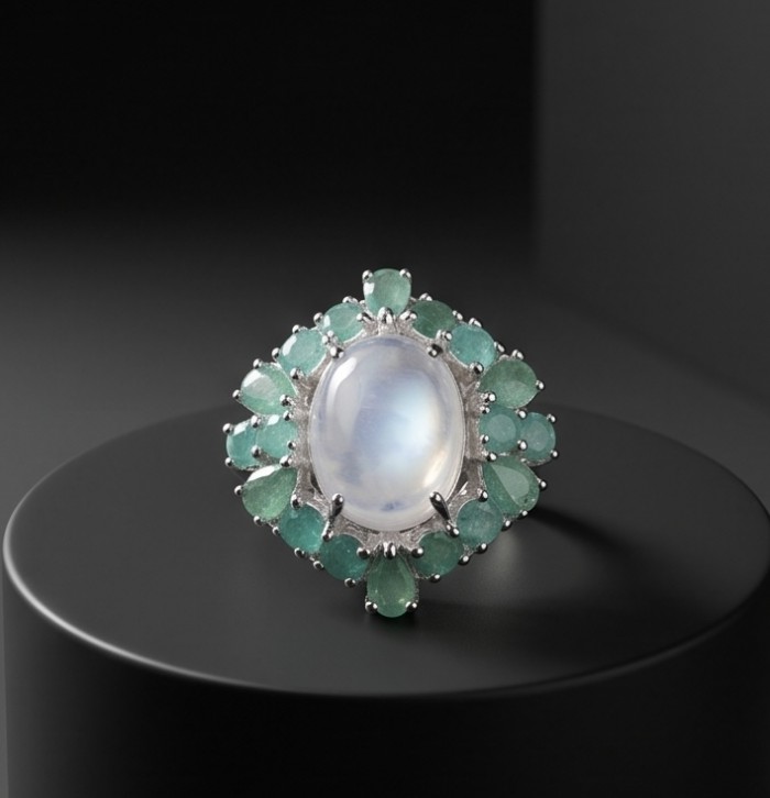 Rosemary - Top quality 22.2 carat Brazilian Rose Quartz .925 Sterling Silver dipped in rhodium Handcrafted Ring size 7 - Close-up of Rosemary Ring with Brazilian Rose Quartz centerpiece.