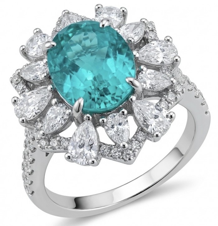 Elizabeth 6.4 carat Paraiba Tourmaline .925 Sterling Silver Handcrafted Ring size 5 - Close-up of Elizabeth Paraiba Tourmaline ring in sterling silver