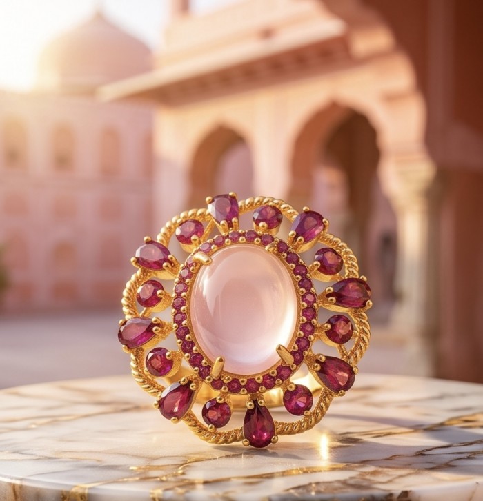 Ramona - Top quality 24.2 carat Brazilian Rose Quartz .925 Sterling Silver dipped in 18K Gold Handcrafted Ring size 6 - Close-up of ornate ring with Brazilian Rose Quartz and rubies.