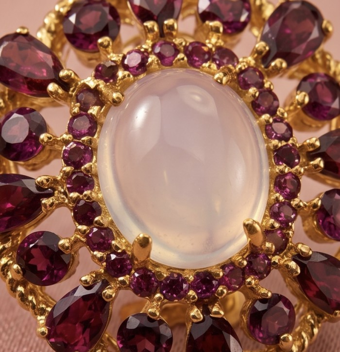 Ramona - Top quality 28.2 carat Brazilian Rose Quartz .925 Sterling Silver dipped in 18K Gold Handcrafted earrings - Close-up of Brazilian Rose Quartz with gold and red gem accents.