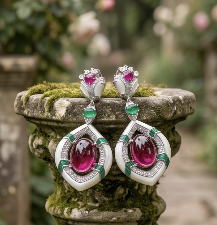 Art Deco - Countless Blessings Genuine 14.5 carat Authentic Ruby enamel rhodium over .925 Sterling Silver handcrafted earrings - Art Deco earrings displayed on mossy pedestal, front view