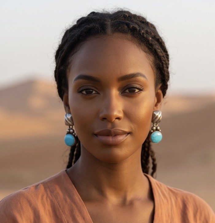 Native Spirit Great authentic Sleeping Beauty Turquoise .925 Sterling Silver handcrafted STATEMENT Earrings - Woman wearing Native Spirit turquoise earrings in a desert setting.